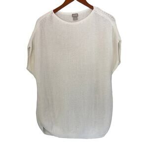 Chico's White Cotton/Linen Blend Short Sleeve Boxy, Oversized Knit Sweater, L